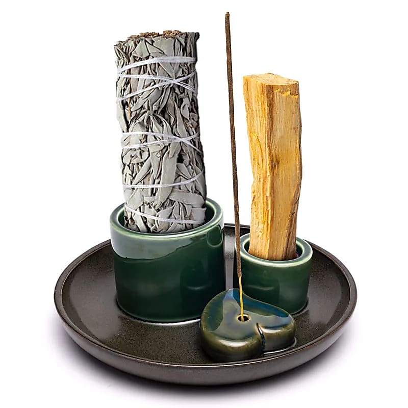 Palo santo, smudge en wierook brander uit keramiek - petrol/bruin