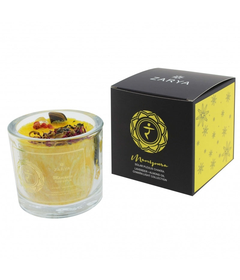 Knisperende kaars met lavendel en tijgeroog - zonnevlecht chakra
