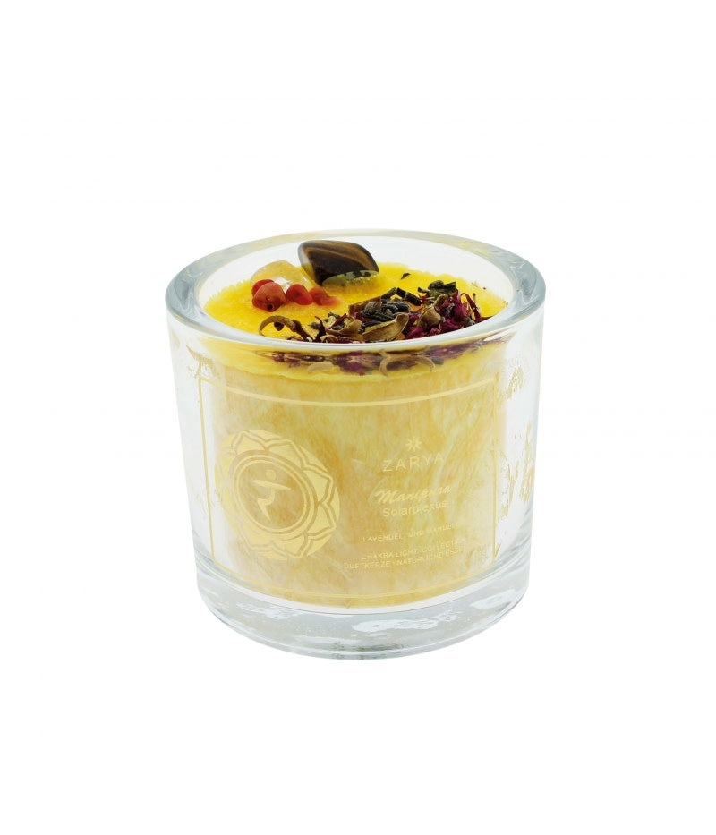 Knisperende kaars met lavendel en tijgeroog - zonnevlecht chakra