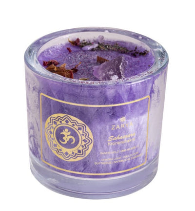 Knisperende kaars met amethyst en lavendel - kruinchakra