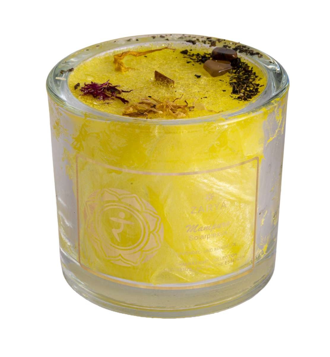 Knisperende kaars met lavendel en tijgeroog - zonnevlecht chakra